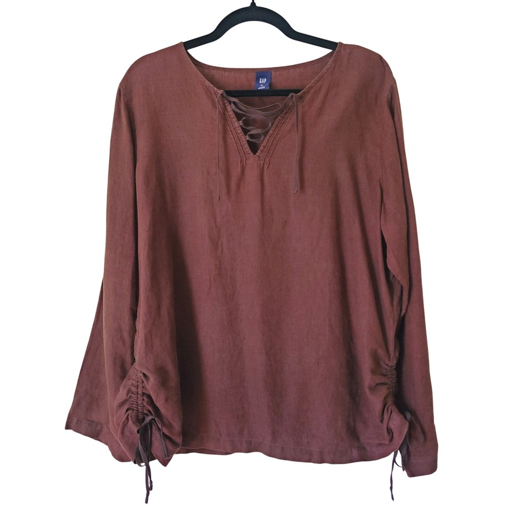 Gap Womens XL Brown 100%‎ Linen Lace Up V-Neck Ruched Side Long Sleeve Top